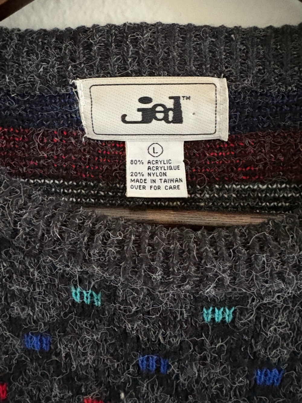 Vintage JED 90s Geometric Knit Sweater | Charcoal Gray Multi | Men's Large - Picture 4 of 5